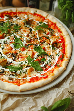 Gourmet pizza with basil on plate