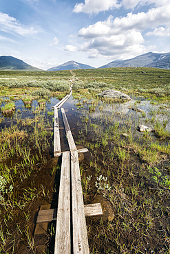 Boardwalk in marsh near mountains