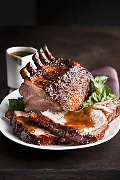 Sliced rack of pork on plate