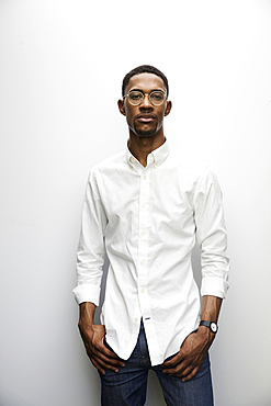 Portrait of serious Black man wearing eyeglasses