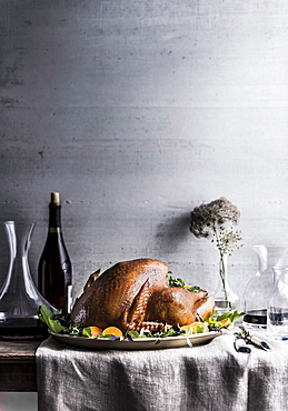 Carafe of wine on table with turkey