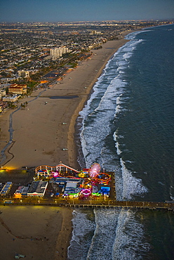 Aerial view of Santa Monica Pier in Los Angeles cityscape, California, United States