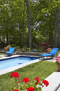 Lap pool, bright blue cushions on lounge chairs, brick step to black iron fence in treeline, hammock ,potted pink and red flowers, angle view