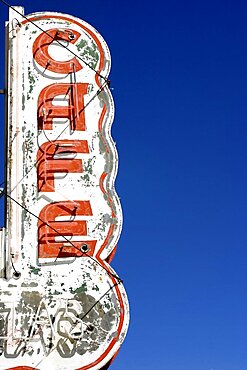 United States, New Mexico, Las Vegas, Low angle view of old-fashioned cafe sign