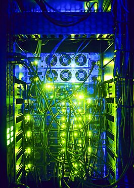 Illuminated network cables in server room