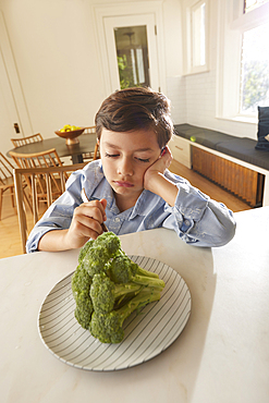 Displeased boy (8-9) looking at broccoli on plate in kitchen