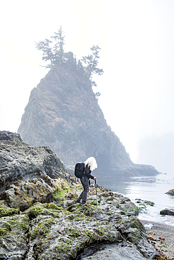 USA, Oregon, Brookings, Senior woman hiking on rocks over sea