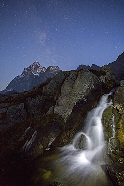 The sources of River Po, the longest in Italy, by Monviso (Monte Viso) mountain, Piedmont, Italy, Europe