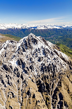 Aerial view of the snowy ridges of the Grignetta mountain in spring, Lecco Province, Lombardy, Italy, Europe