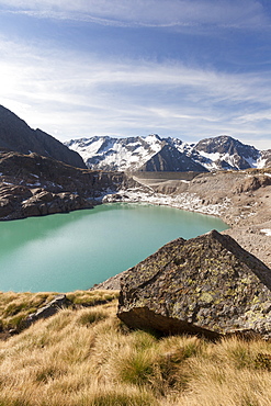 View of Lake Baitone and the high peaks in background, Val Malga, Adamello Regional Park, province of Brescia, Lombardy, Italy, Europe