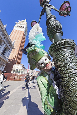 Colourful mask and costume of the Carnival of Venice, famous festival worldwide, Venice, Veneto, Italy, Europe