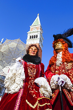 Colourful masks and costumes of the Carnival of Venice, famous festival worldwide, Venice, Veneto, Italy, Europe