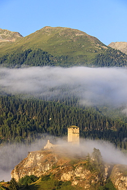 Tower of Steinsberg Castle framed by woods, Ardez, district of Inn, Lower Engadine, Canton of Graubunden, Switzerland, Europe