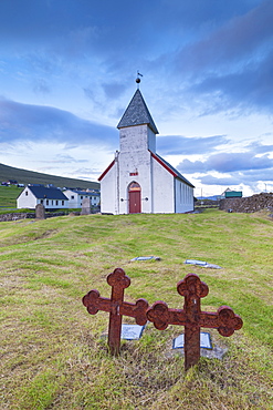 Church of Vidareidi and graveyard, Vidoy Island, Faroe Islands, Denmark, Europe