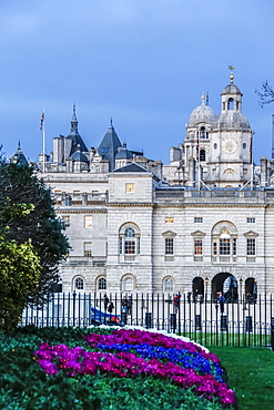 View of The Royal Horseguards, and colorful flowerbed, London, England, United Kingdom, Europe