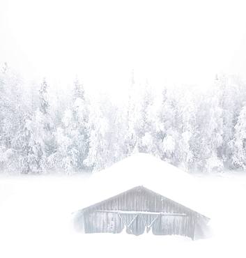 Elevated panoramic view of snow covered hut in the mist, Levi, Kittila, Lapland, Finland, Europe