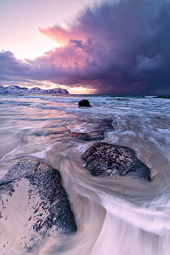 Sunset on the rough sea, Vikten, Flakstad municipality, Lofoten Islands, Nordland, Norway, Europe