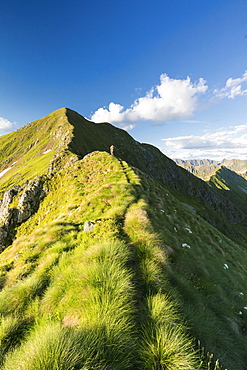 Hiker on steep ridge on the ascent towards Monte Azzarini, San Marco Pass, Albaredo Valley, Orobie Alps, Lombardy, Italy, Europe