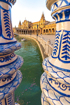 Close-up of pillars of a glazed ceramic balustrade along the canal, Plaza de Espana, Seville, Andalusia, Spain, Europe