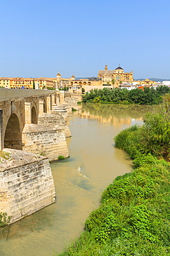 Puente Romano (Roman bridge) along Guadalquivir River with Mezquita Cathedral in background, Cordoba, UNESCO World Heritage Site, Andalusia, Spain, Europe