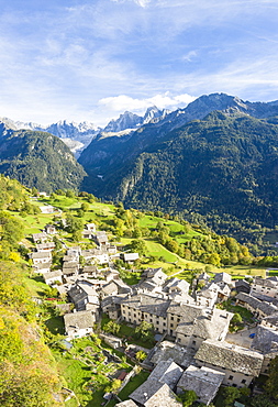 Town of Soglio by mountains Piz Cengalo and Badile in Switzerland, Europe