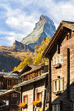 Wooden houses below Matterhorn in Zermatt, Switzerland, Europe