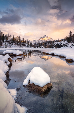 Snow on Lake Mufule by Sasso Moro in Sondrio, Italy, Europe