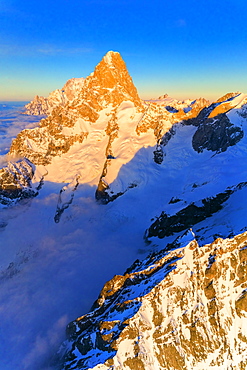 Aerial view of Grandes Jorasses and Mont Blanc covered with snow, Courmayeur, Aosta Valley, Italy, Europe