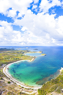 Aerial panoramic by drone of Half Moon Bay washed by Caribbean Sea, Antigua, Leeward Islands, West Indies, Caribbean, Central America