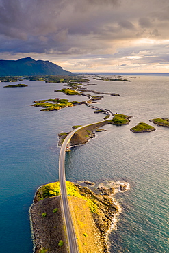 Sunset over Storseisundet Bridge view from above, Atlantic Road, More og Romsdal county, Norway, Scandinavia, Europe