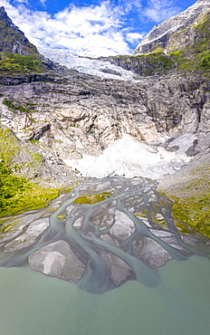 Aerial by drone of Boyabreen Glacier in summer, Jostedalsbreen National Park, Fjaerland, Sogndal, Sogn og Fjordane county, Norway, Scandinavia, Europe