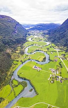 Aerial panoramic of serpentine shape of Stryneelva river, Stryn, Nordfjorden, Sogn og Fjordane county, Norway, Scandinavia, Europe