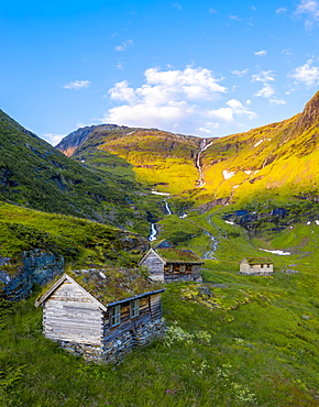 Aerial panoramic of Dalsnibba mountain and traditional wood huts, Stranda municipality, More og Romsdal county, Norway, Scandinavia, Europe