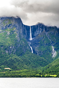 Mardalsfossen waterfall seen from Mardola river, Eikesdalen, Nesset municipality, More og Romsdal county, Western Norway, Scandinavia, Europe