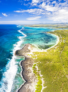 Aerial panoramic of tropical Public Beach washed by the ocean waves, Poste Lafayette, East coast, Mauritius, Indian Ocean, Africa