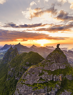 Dramatic sky at sunset over Pieter Both and Le Pouce mountain, aerial view, Moka Range, Port Louis, Mauritius, Africa