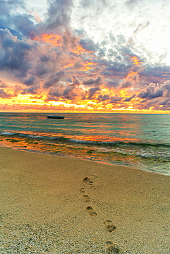 African sunset over footprints on tropical sand beach, Le Morne Brabant, Black River, Mauritius, Indian Ocean, Africa