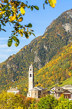 Old bell tower and church in the autumnal landscape, Soglio, Val Bregaglia, Canton of Graubunden, Switzerland, Europe