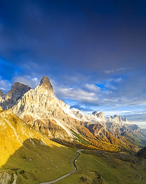 Aerial panoramic of Cimon della Pala in autumn, Pale di San Martino, Rolle Pass, Dolomites, Trentino, Italy, Europe