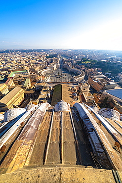 St. Peter's Square and skyline from top of dome of St. Peter's Basilica (Basilica di San Pietro), Vatican City, UNESCO World Heritage Site, Rome, Lazio, Italy, Europe