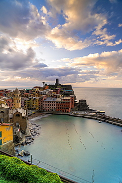 Colorful village of Vernazza at sunrise, Cinque Terre, UNESCO World Heritage Site, La Spezia province, Liguria, Italy, Europe