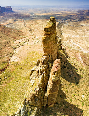 Aerial view of Gheralta Mountains pinnacles and access trail to the old Abuna Yemata Guh church, Tigray Region, Ethiopia, Africa