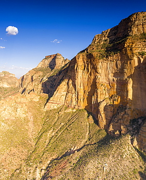 Aerial panoramic by drone of eroded rocks of Gheralta Mountains, Hawzen, Tigray Region, Ethiopia, Africa