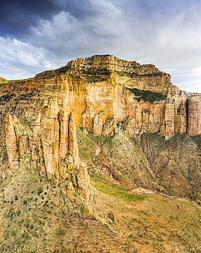 Aerial view of mountains housing Abuna Yemata Guh church carved in rocks, Gheralta Mountains, Tigray Region, Ethiopia, Africa