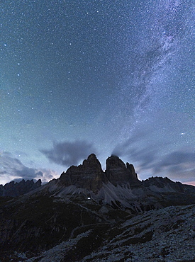 Milky Way over Tre Cime di Lavaredo in summer, Sesto Dolomites, South Tyrol, Italy, Europe