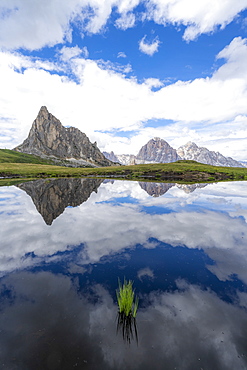 Ra Gusela and Tofane mountains mirrored in water, Giau Pass, Dolomites, Belluno province, Veneto, Italy, Europe