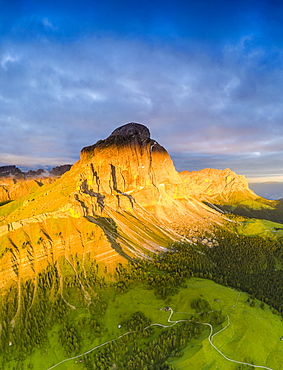 Aerial view of Sass De Putia (Peitlerkofel) at dawn in summer, Passo Delle Erbe, Puez-Odle, Dolomites, South Tyrol, Italy, Europe