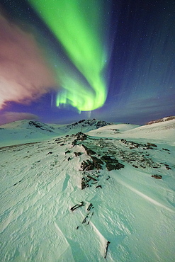 Surreal shapes of the Northern Lights (Aurora Borealis) in the Arctic night, Skarsvag, Nordkapp, Troms og Finnmark, Norway, Scandinavia, Europe