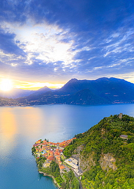 Aerial view of the old Vezio Castle on hills above Varenna at sunset, Lake Como, Lecco province, Lombardy, Italian Lakes, Italy, Europe