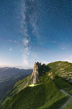 Milky Way in the starry sky over Saxer Lucke mountain, aerial view, Appenzell Canton, Alpstein Range, Switzerland, Europe